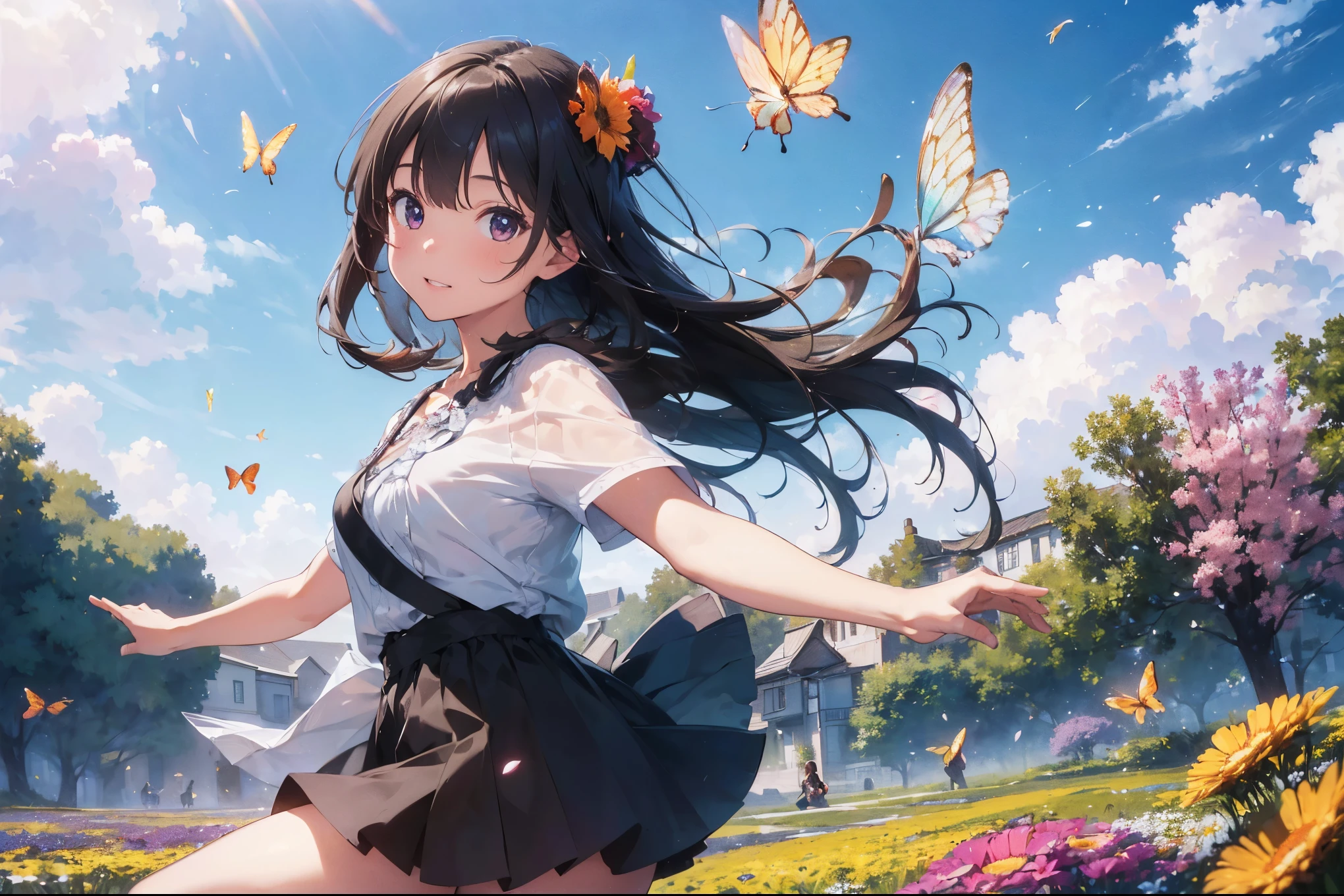 (best quality,4k,8k,highres,masterpiece:1.2),ultra-detailed,(realistic,photorealistic,photo-realistic:1.37),girl dancing,flower field,petals flying,butterflies,rainbow,happy,beautiful hands,illustration,impressionistic colors,soft lighting