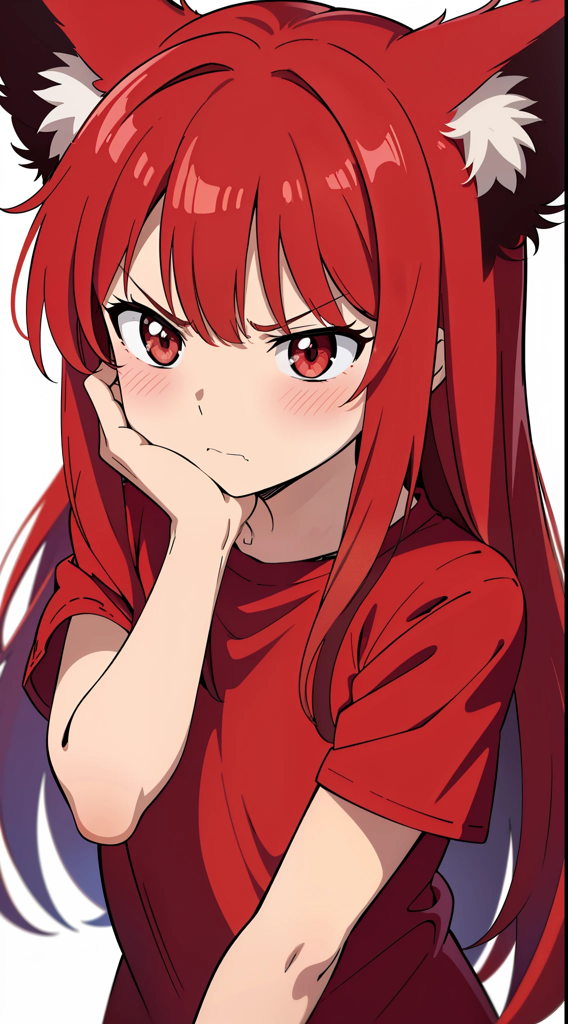 (1girl ,8 years old,small),angry face,red shirt,short sleeves,red hair,long hair,messy hair,fox ears,upper body,(White background),shy, blush,hand on another's cheek
