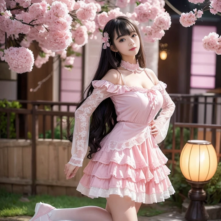 best quality, delicate face,beautiful visual work,lifelike,1 girl, eternal, black hair, Long curly hair, blunt bangs, Smile, pink skirt, pink lolita dress, layered skirt, Lolita style long skirt,分層連衣裙 lace-trimmed 裙子, decorate, lace, long sleeve, puff sleeves, wide sleeves, Transparent sleeves, hair accessories, 在flower园里, flower, Detailed background, delicate face,pink blush,White knee-length socks, Pink shoes,cold,Lots of lace,((Masterpiece))、(top quality)、8K、high detail、super detailed,21 years old female,穿着pink lolita dress((dreamy atmosphere:1.1))、Seductive and whimsical style、Masterpiece、born、Scenes resembling fairy tale illustrations、Intricate details showcase the ruffles and intricate designs of the Lolita dress、beautifully、magic、capricious、 beautifully、Dream aesthetics、「𝓡𝓸𝓶𝓪𝓷𝓽𝓲𝓬、ethereal、charming、fickle、magic」、realism、Visual effects、FXAA、SSAO、shader、voiceless、environmental lighting、Tone mapping、High resolution、ultra high definition、megapixel、(8K resolution:1.10)、8K、Below 8K、8K resolution、high detail、intricate details, (high quality:1.2、Masterpiece:1.2、:1.21)、(21 years old female:1.21)、(興奮地Smile)、(Surrounded by the dreamy atmosphere、High heel、Model diagram,full-body shot,Knee-high 白色的 lace socks,Sweet Lolita,Normal 2 feet,Pink shoes,Baotou shoes,hair accessories,Don't show your fingers,lolita cake dress,Thousand layer skirt,Every layer has lace,The skirt has a hem,cold,huge breasts,hands on hips,Wide cuffs cover hands,