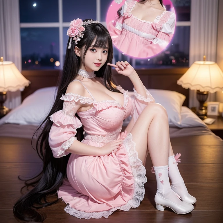 best quality, delicate face,beautiful visual work,lifelike,1 girl, eternal, black hair, Long curly hair, blunt bangs, Smile, pink skirt, pink ta dress, layered skirt, Lolityle long skirt,分層連衣裙 lace-trimmed 裙子, decorate, lace, long sleeve, puff sleeves, wide sleeves, Transparent sleeves, hair accessories, 在flower园里, flower, Detailed background, delicate face,pink blush,White knee-length socks, Pink shoes,cold,Lots of lace,((Masterpiece))、(top quality)、8K、high detail、super detailed,21 years old female,穿着pink lolita d((dreamy atmosphere:1.1))、Seductive and whimsical style、Masterpiece、born、Scenes resembling fairy tale illustrations、Intricate details showcase the ruffles and intricate designs of the Lolita dressutifully、magic、capricious、 beautifully、Dream aesthetics、「𝓡𝓸𝓶𝓪𝓷𝓽𝓲𝓬、ethereal、charming、fickle、magic」、realism、Visual effects、FXAA、SSAO、shader、voiceless、environmental lighting、Tone mapping、High resolution、ultra high definition、megapixel、(8K resolution:1.10)、8K、Below 8K、8K resolution、high detail、intricate details, (high quality:1.2、Masterpiece:1.2、:1.21)、(21 years old female:1.21)、(興奮地Smile)、(Surrounded by the dreamy atmosphere、High heel、Model diagram,full-body shot,Knee-high 白色的 lace socks,Sweet Lolita,Normal 2 ,Pink shoes,Baotou shoes,hair accessories,Don't show your fingers,lolita cake dress,Thnd layer skirt,Every layer has lace,The skirt has a hem,cold,huge breasts,hands on hips,Wide cuffs cover hands,