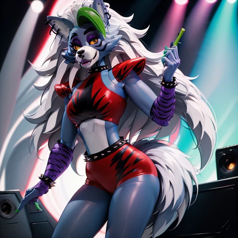 Best quality, fnafroxane, furry female, body fur, make up, wolf ears, wolf tail, crop top, big breasts, purple lipstick, Neck, Spikes, jewelry, ear piercing, bracelet, yellow eyes, detailed eyes , 3dmm, gray hair, green hair,