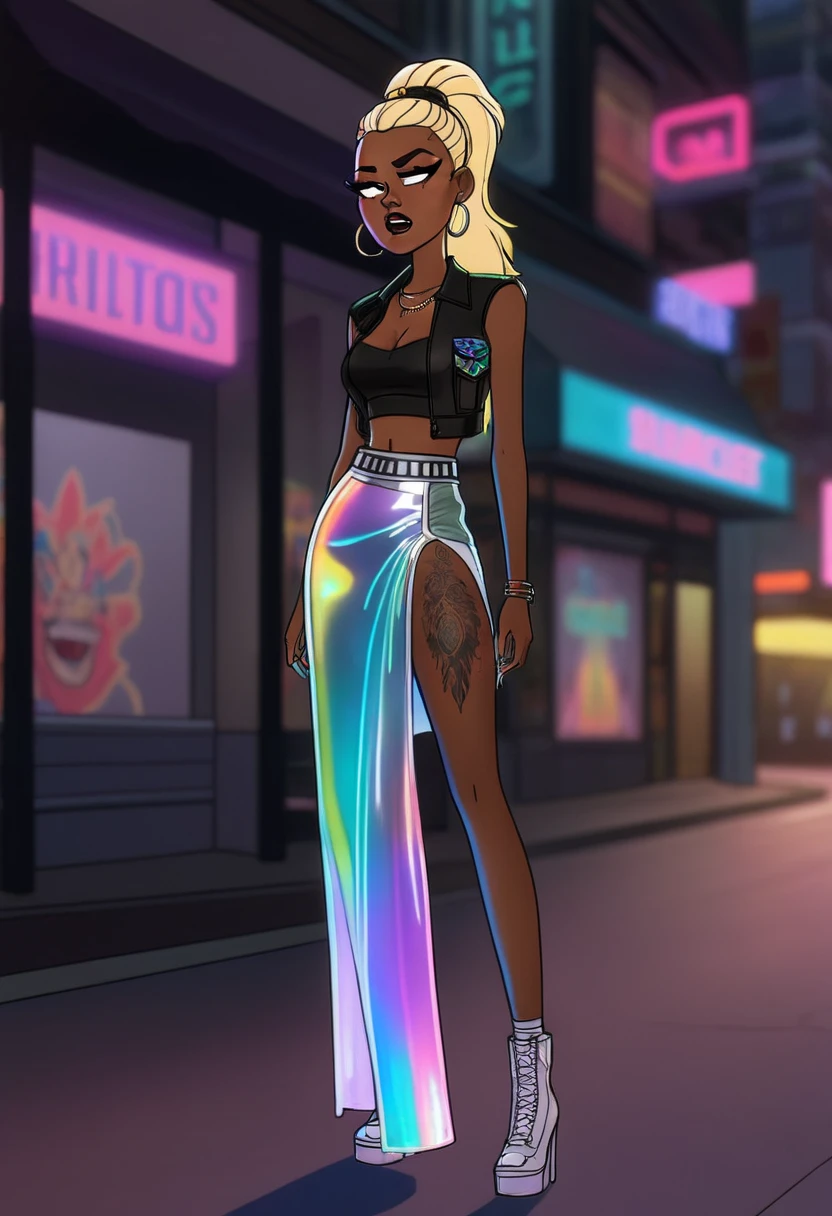 (close up shot), dark skinned woman, neon tattoos, long translucent slit skirt, iridescent metallic half jacket, long legs:1.2, thin waist:1.2, blonde, sheer holographic top, low angle view, ground view, side view, crying, screaming