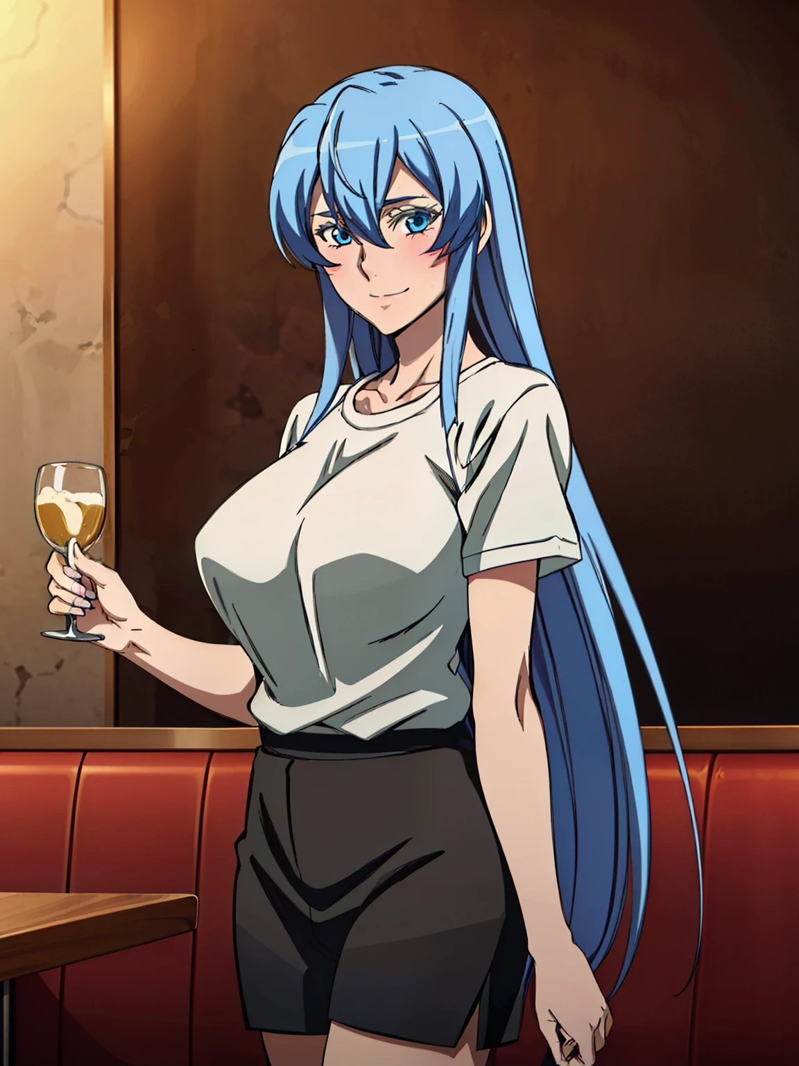 (white t-shirt), black short pants, (restaurant background), esdeath, anime cels style, best quality, high resolution, 1girl, (huge breasts:1.2), mature women, blue hair, long hair, (blue eye), blue eyebrow, beautiful face, (cowboy shot), looking at viewer, smiling, blushed