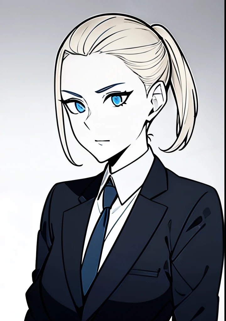 One Young female, pale blonde slicked back into a short ponytail with a single bang on the left hand side, steel blue eyes, light and carefree expression, wearing black suit jacket and tie, portrait style, facing forwards