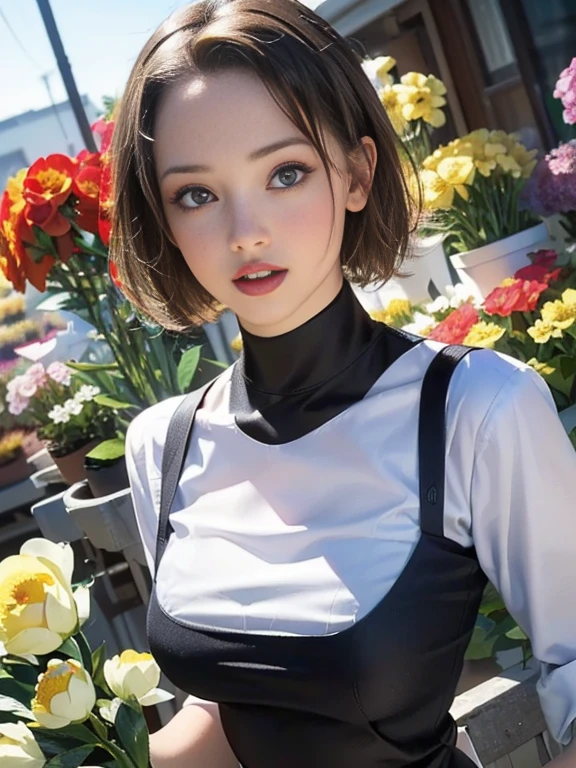 (best quality, 8k, highres, photorealistic:2.0), (solo, one girl:2.0),(photo taken using flash:1.9),(brighten the subject:1.8),(ultimate beautiful girl:2.0),(shiny skin),(oily skin),(blonde girl:1.5),(short hairstyle:1.5),(cool beauty:2.0),Blush brown makeup , dark eye makeup , use pink glossy lipstick,(big beady eyes girl:1.5),(droopy-eyes girl:1.5),(blue eyes),(thin girl:1.5),(baby face girl),(sex appeal),(sweet smelling girl),(Photographed in front of a flower shop:1.8),(A girl who works part-time at a flower shop:1.3),(A girl who likes to grow flowers),(she works for low wages:1.5),(kind-hearted woman:1.5),(she has a nice smile:1.3),(woman with a happy look:1.3),(she is very sociable),(from a very poor family:1.5),(virgin girl),(She is a secret pervert.),(she covertly lewd),(she looks so erotic),(Preserve virginity for devout Christians),chuuChloe,(Wearing a florist's apron:1.5),(Breast cleavage emphasis),(A woman with very soft breasts),(woman fantasizing about sex),(allurement),(bewitching pose),(I love masturbating)