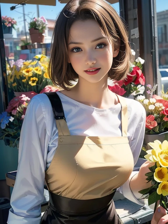 (best quality, 8k, highres, photorealistic:2.0), (solo, one girl:2.0),(photo taken using flash:1.9),(brighten the subject:1.8),(ultimate beautiful girl:2.0),(shiny skin),(oily skin),(blonde girl:1.5),(short hairstyle:1.5),(cool beauty:2.0),Blush brown makeup , dark eye makeup , use pink glossy lipstick,(big beady eyes girl:1.5),(droopy-eyes girl:1.5),(blue eyes),(thin girl:1.5),(baby face girl),(sex appeal),(sweet smelling girl),(Photographed in front of a flower shop:1.8),(A girl who works part-time at a flower shop:1.3),(A girl who likes to grow flowers),(she works for low wages:1.5),(kind-hearted woman:1.5),(she has a nice smile:1.3),(woman with a happy look:1.3),(she is very sociable),(from a very poor family:1.5),(virgin girl),(She is a secret pervert.),(she covertly lewd),(she looks so erotic),(Preserve virginity for devout Christians),chuuChloe,(Wearing a florist's apron:1.5),(Breast cleavage emphasis),(A woman with very soft breasts),(woman fantasizing about sex),(allurement),(bewitching pose),(I love masturbating)
