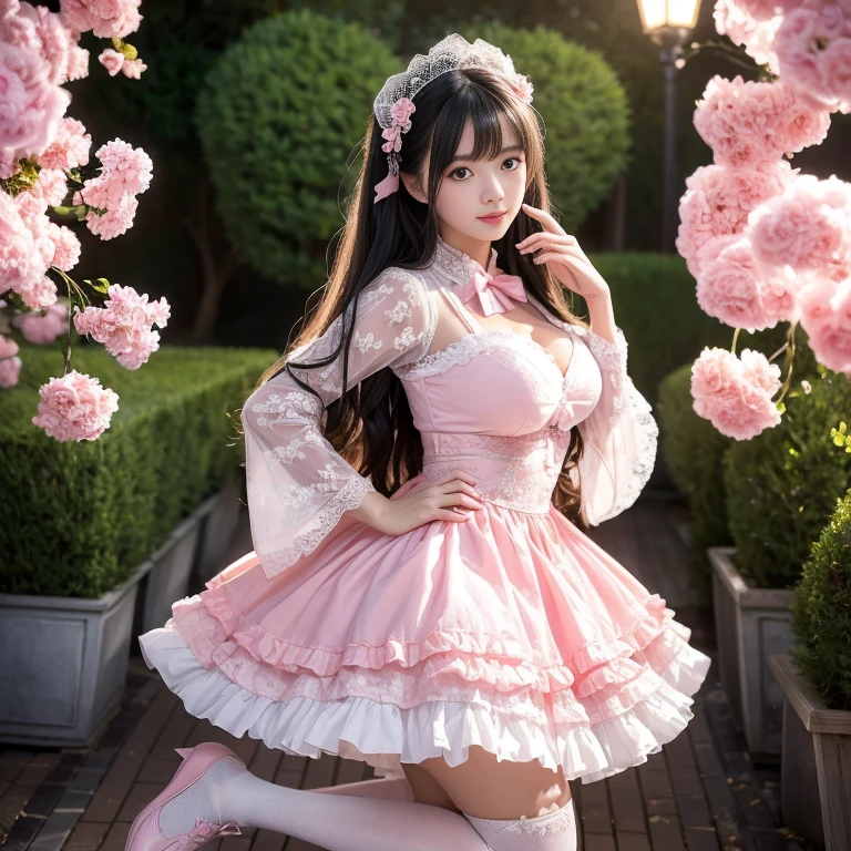 best quality, delicate face,beautiful visual work,lifelike,1 girl, eternal, black hair, Long curly hair, blunt bangs, Smile, pink skirt, pink ta dress, layered skirt, Lolityle long skirt,分層連衣裙 lace-trimmed 裙子, decorate, lace, long sleeve, puff sleeves, wide sleeves, Transparent sleeves, hair accessories, 在flower园里, flower, Detailed background, delicate face,pink blush,White knee-length socks, Pink shoes,cold,Lots of lace,((Masterpiece))、(top quality)、8K、high detail、super detailed,21 years old female,穿着pink lolita d((dreamy atmosphere:1.1))、Seductive and whimsical style、Masterpiece、born、Scenes resembling fairy tale illustrations、Intricate details showcase the ruffles and intricate designs of the Lolita dressutifully、magic、capricious、 beautifully、Dream aesthetics、「𝓡𝓸𝓶𝓪𝓷𝓽𝓲𝓬、ethereal、charming、fickle、magic」、realism、Visual effects、FXAA、SSAO、shader、voiceless、environmental lighting、Tone mapping、High resolution、ultra high definition、megapixel、(8K resolution:1.10)、8K、Below 8K、8K resolution、high detail、intricate details, (high quality:1.2、Masterpiece:1.2、:1.21)、(21 years old female:1.21)、(興奮地Smile)、(Surrounded by the dreamy atmosphere、High heel、Model diagram,full-body shot,Knee-high 白色的 lace socks,Sweet Lolita,Normal 2 ,Pink shoes,Baotou shoes,hair accessories,Don't show your fingers,lolita cake dress,Thnd layer skirt,Every layer has lace,The skirt has a hem,cold,huge breasts,hands on hips,Wide cuffs cover hands,