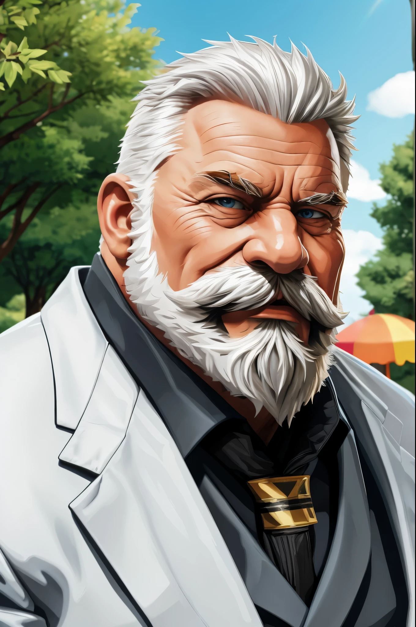 masterpiece, high quality, 8k, FHD, HDR, portrait, muscular old man in park, beard, happy, summer, suits, (vector, mwvector), detailed vector, high detail, half body, realistic, white hair