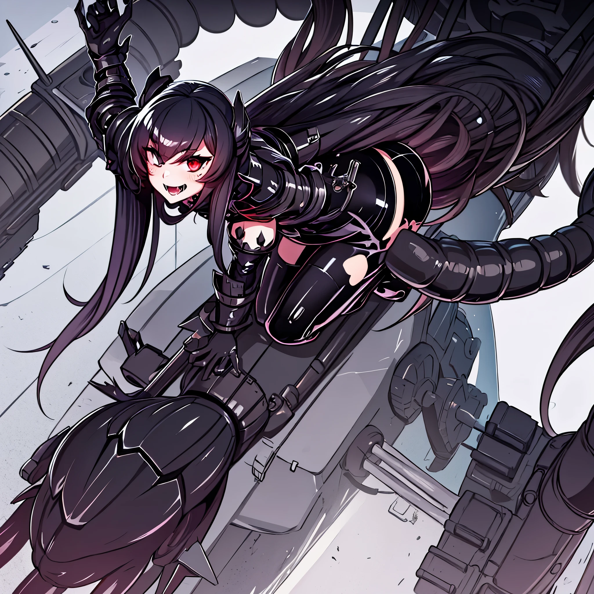 A girl crawling on top of a battleship. She is a Cyclops girl. A turret baring her fangs. latex body suit. abyssal fleet. Tentacles wrapped around the ship.