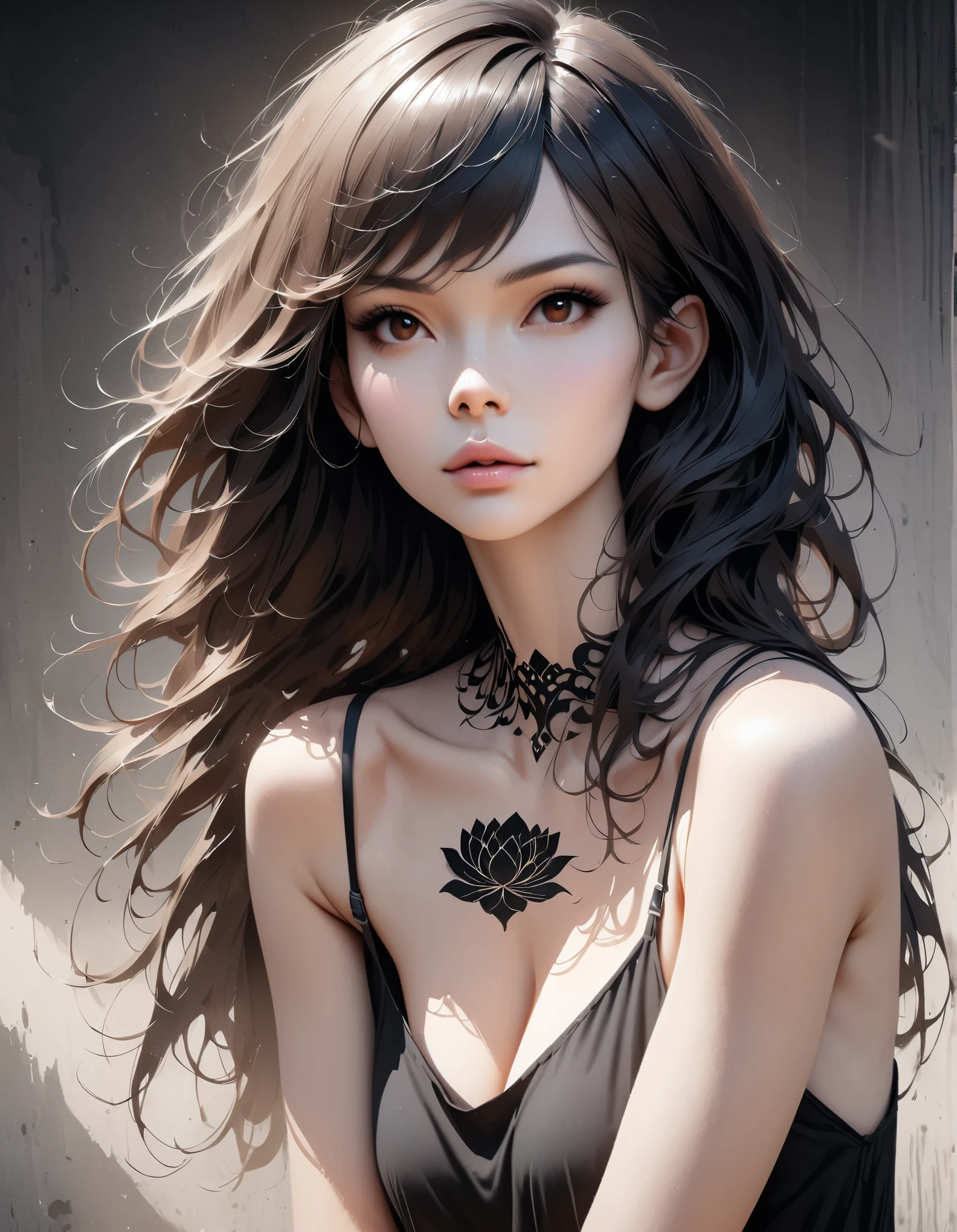 in style of Brian Kesinger, character, ink art, side view ，(best quality,4k,8k,highres,masterpiece:1.2),ultra-detailed,(realistic,photorealistic,photo-realistic:1.37),simple modern art,close-up of a woman with lotus tattoo on her neck, flowing black long hair, black minimalist clothing, pure and smooth skin, slender and beautiful eyes, by Mei Qing, elegant and beautiful digital art, exquisite digital illustration, beautiful portrait, watercolor painting combined with photography, rendered with high octane value.
