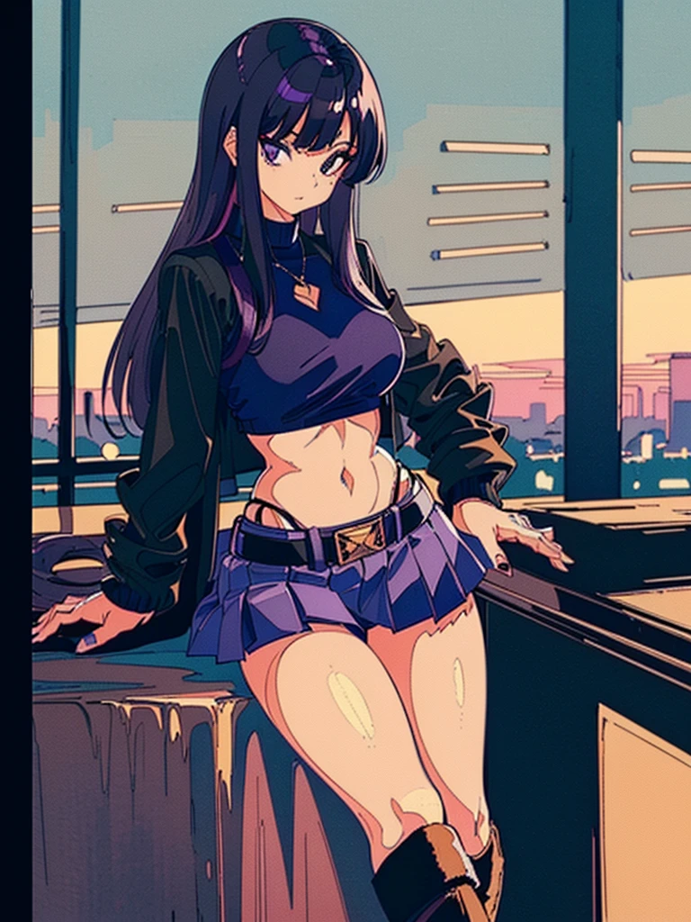 1990s, (masterpiece), high-definition, detailed face, cute girl, abs, (big tits: 1.4) big hips, round ass, (black hair with dark purple highlights: 1.4), (tight grey t-shirt: 1.4), (black jacket: 1.4), (purple tight skirt: 1.3), belt, (black thong: 1.2), thigh high stockings, boots, fishnet, pin-up pose, balcony