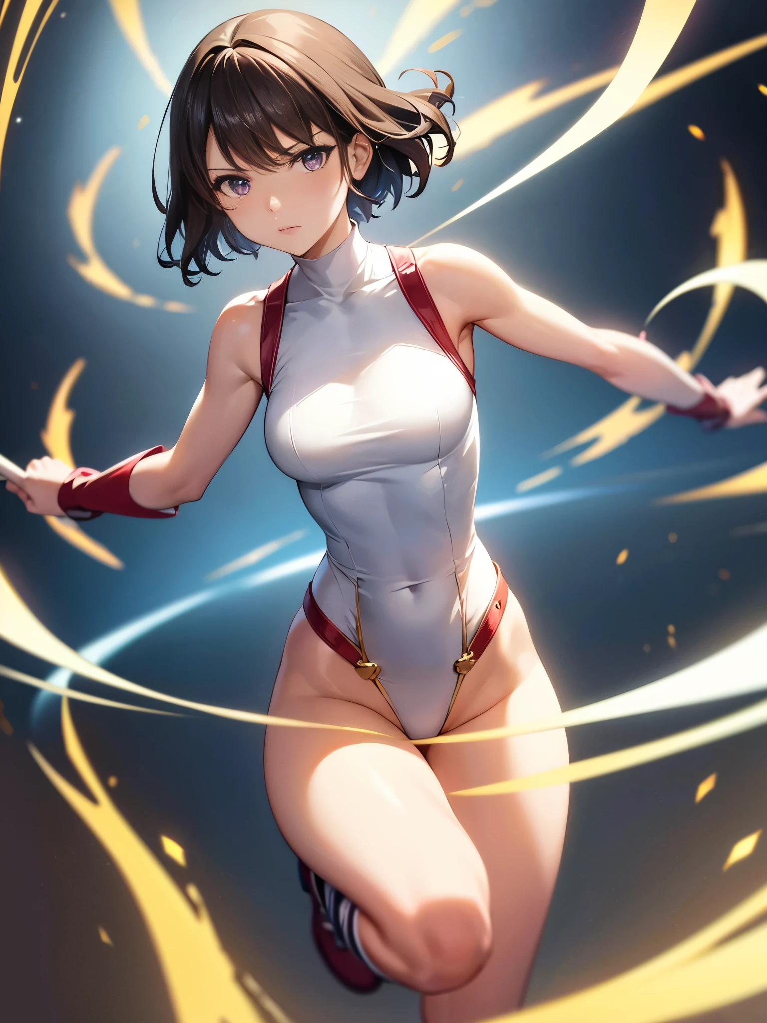 masterpiece, best quality, hyper detailed, ultra detailed, 1girl, medium breasts, ((leotard, white leotard with red accents, sleeveless, gold star symbol on chest)), bare legs, ((tight belt, gold belt)), boots, matching boots, ankle boots, white boots, gloves, white gloves, solo, single, standing straight, full body shot, cowboy shot, superhero, beautiful detailed eyes, mature lady, brown hair, short hair, bob hair, purple eyes, (perfect anatomy), spread arms, spinning, spins fast in place like a tornado, twirling in place, tornado spinning, rapid gyration, space backdrop, motion blur, speed lines, spiral lines, tornado, time warp, spinning energy pulse, light particles, serious.