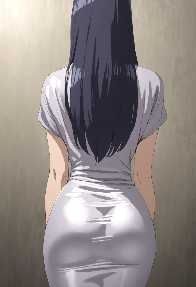 Hinata hyuga wearing silver tight silky satin dress seen from behind, smiling