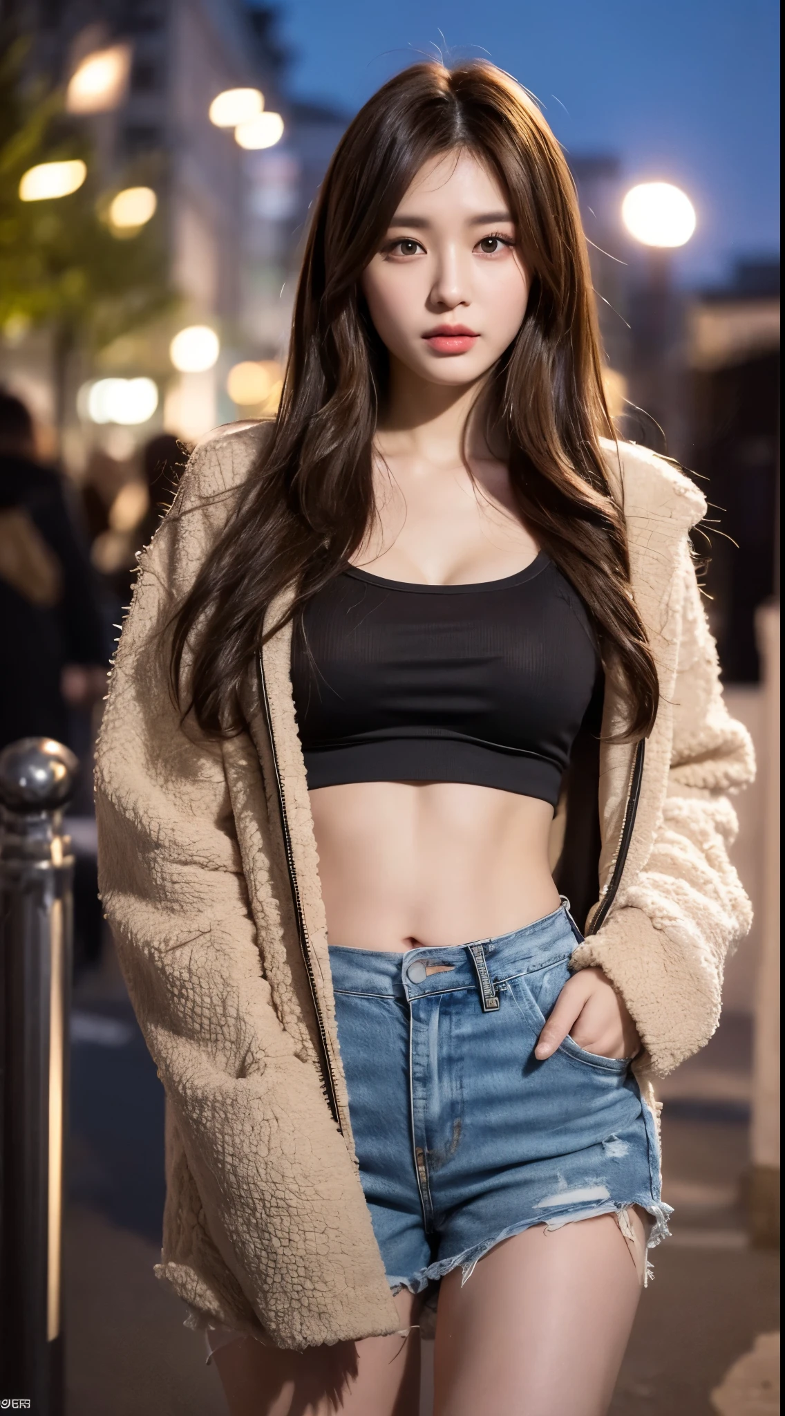 bunny jacket, ((Midnight, Best quality, 8k, Masterpiece :1.3)), Whole body, Long legs, Sharp focus :1.2, A pretty woman with perfect figure :1.4, Slender abs :1.1, ((Dark brown hair, Big breasts :1.2)), (crop top, shorts, thighs, in, outdoors, good hands), ((Night city view, model pose)), Highly detailed face and skin texture, Detailed eyes, Double eyelid