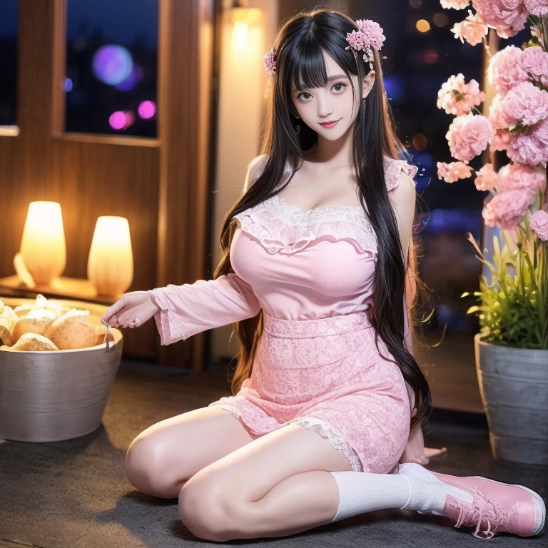 best quality, delicate face，beautiful visual work,lifelike，1 girl, eternal, black hair, Long curly hair, blunt bangs, Smile, pink skirt, pink lolita dress, layered skirt, Lolita style long skirt,分層連衣裙 lace-trimmed 裙子, decorate, lace, long sleeve, puff sleeves, wide sleeves, Transparent sleeves, hair accessories, 在flower园里, flower, Detailed background,  delicate face，pink blush，White knee-length socks, Pink shoes，cold，Lots of lace，((​Masterpiece))、(top quality)、8K、high detail、super detailed，21 years old female，穿着pink lolita dress((dreamy atmosphere:1.1))、Seductive and whimsical style、​Masterpiece、born、Scenes resembling fairy tale illustrations、Intricate details showcase the ruffles and intricate designs of the Lolita dress、beautifully、magic、capricious、 beautifully、Dream aesthetics、「𝓡𝓸𝓶𝓪𝓷𝓽𝓲𝓬、ethereal、charming、fickle、magic」、realism、Visual effects、FXAA、SSAO、shader、voiceless、environmental lighting、Tone mapping、High resolution、ultra high definition、megapixel、(8K resolution:1.10)、8K、Below 8K、8K resolution、high detail、intricate details， (high quality:1.2、​Masterpiece:1.2、:1.21)、(21 years old female:1.21)、(興奮地Smile)、(Surrounded by the dreamy atmosphere、High heel、Model diagram，full-body shot，Knee-high 白色的 lace socks,Sweet Lolita，Normal 2 feet，Pink shoes，Baotou shoes，hair accessories，Don't show your fingers，lolita cake dress，Thousand layer skirt，Every layer has lace，The skirt has a hem，cold，huge breasts，hands on hips，Wide cuffs cover hands，