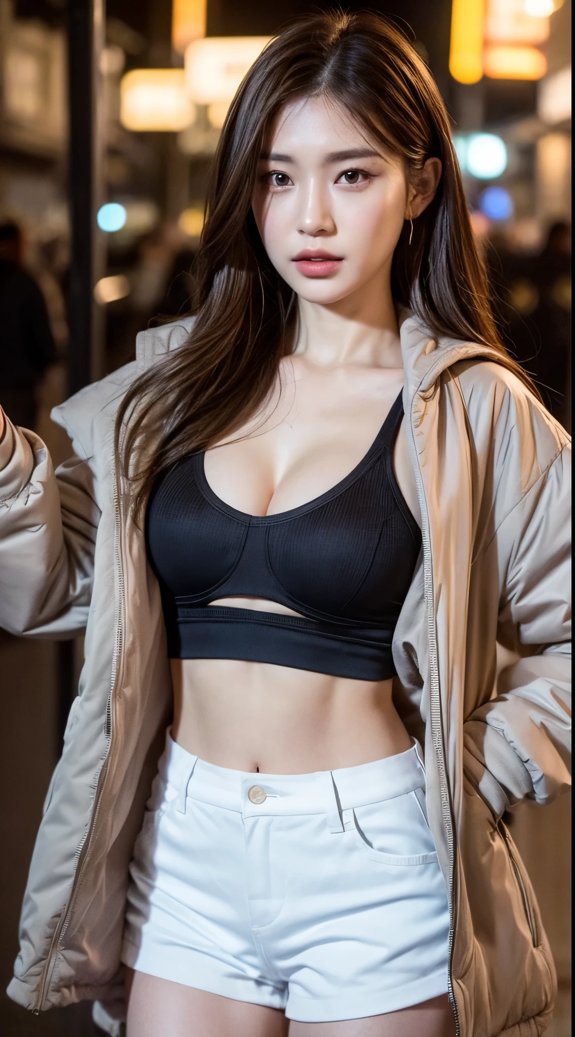 (8k, best quality, masterpiece:1,2), (realistic, photo-realistic:1,37), top quality, masterpiece, a beautiful woman, wearing a shirt for women crop v neck top white t-shirt korean fashion women t with a tight open gray color jacket, beautiful and toned body, cleavage, floral mini skirt, walking in the suburbs, slightly drizzling night background, in shops with Korean-style shop lights, night atmosphere, slightly wet asphalt, seductive smiles with dimples,