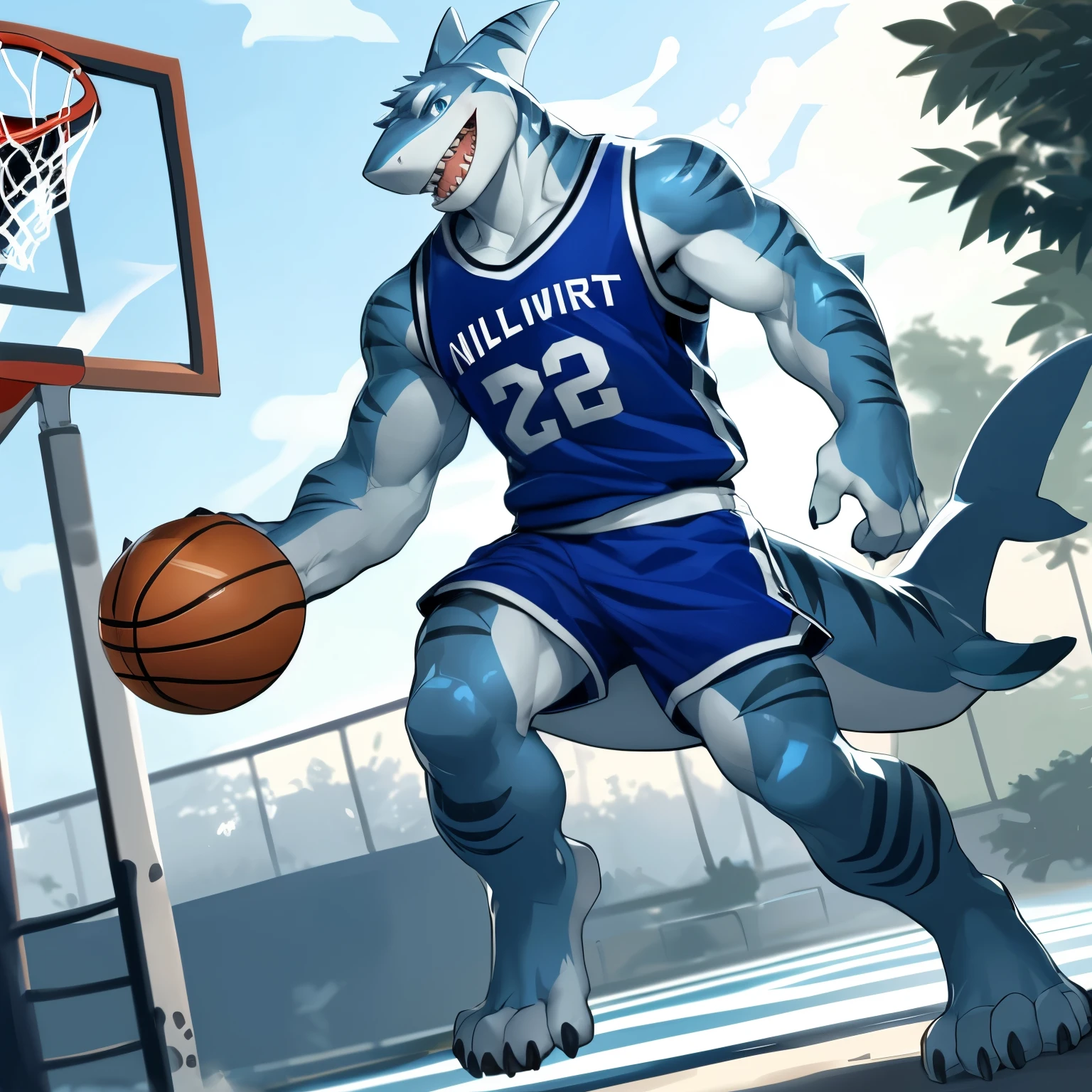 Hi res, (shark, finless shark), anthro, 4 fingers, aqua blue eyes, blue basketball jersey, white basketball shorts, male, muscular, muscular anthro, muscular male, tail, basketball court, outside, plant, light blue body, solo, (basketball), detailed background, by milkytiger1145, by takemoto arashi, by null-ghost, cold atmosphere, open smile, soft blue blush.