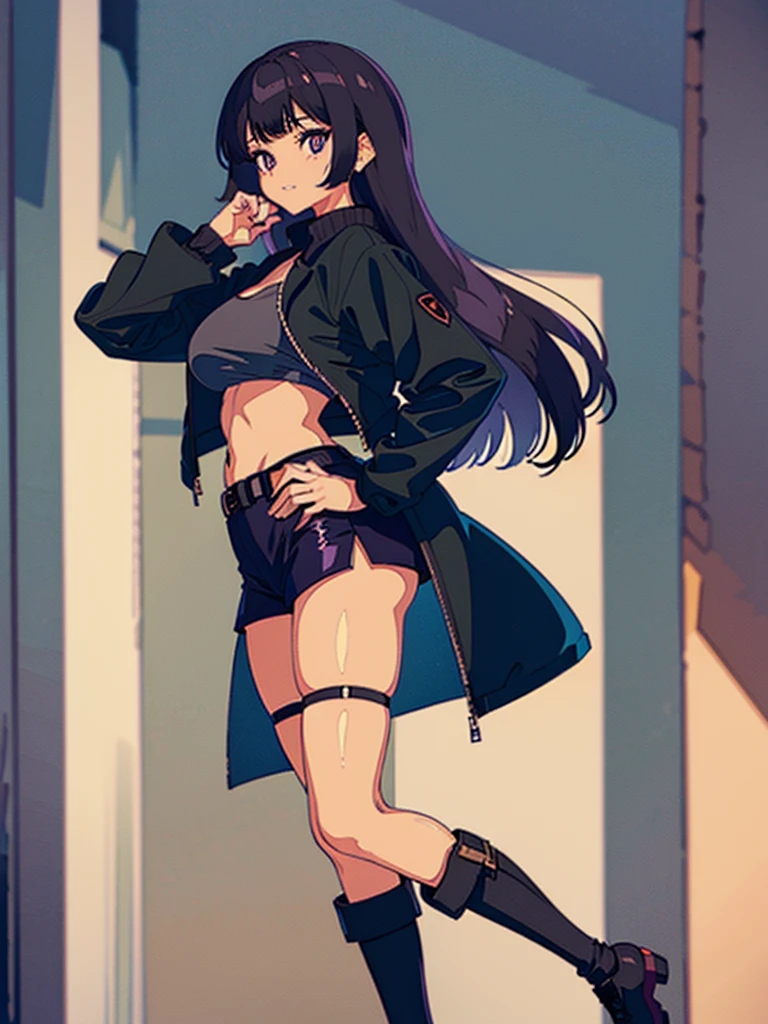 1990s, (masterpiece), high-definition, detailed face, cute girl, abs, (big tits: 1.4) big hips, round ass, (black hair with dark purple highlights: 1.4), (tight grey t-shirt: 1.4), (black jacket: 1.4), (purple tight skirt: 1.3), belt, (black thong: 1.2), thigh high stockings, boots, fishnet, pin-up pose, balcony