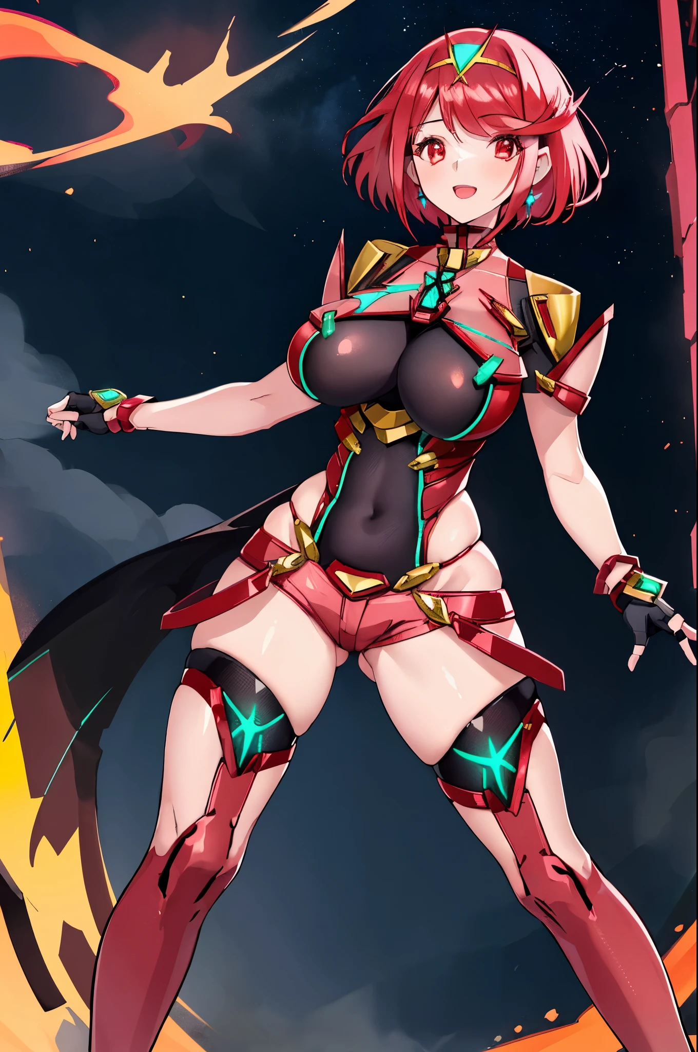 pyra \(xenoblade\), young_teen_1girl, armor, bangs, black gloves, breasts, red eyes, closed mouth, earrings, eyelashes, fingerless gloves, floating hair, framed breasts, gem, gloves, hair ornament, headpiece, jewelry, big_breasts, leaning back, leotard, neon trim, official art, pose, red hair, red shorts, saitou masatsugu, short hair, short shorts, short sleeves, shorts, sidelocks, skin tight, solo, standing, swept bangs, thighhighs, tiara, night_prairie_background, turtleneck, underbust, vambraces, xenoblade chronicles \(series\), (xenoblade chronicles 2), apart_legs, fire_effect,dynamic_pose_fighting,light_smile, (plump:1.1), big_ass,huge_sword, hold_large_sword_hilt, solo, covered_nipples, covered_pussy,open_mouth,back_view,