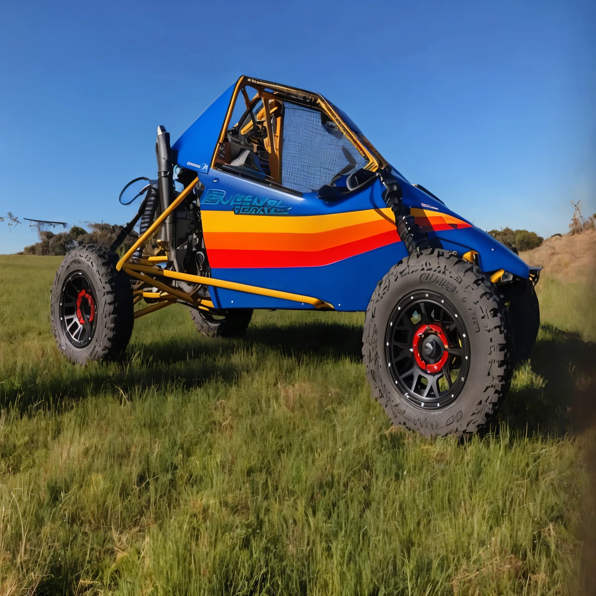 a close up of a blue and yellow buggy in a field, buggy, tesla dune buggy, new vehicle, long front end, front shot, all terrain vehicle race, profile shot, off - road, full body wide shot, ultra wide shot, mx2, wide long shot, full view of a car, ultra 4k, ultra 4 k, frontal shot