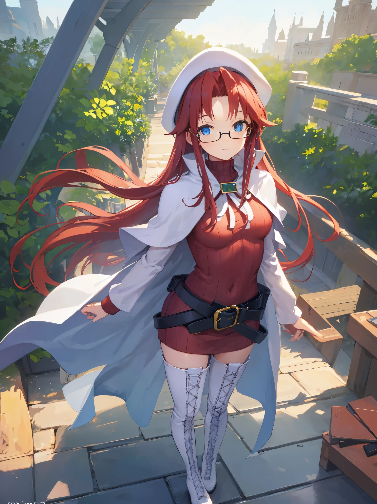 summonnightaty, aty, long hair, blue eyes, red hair, beret, hat, glasses,
BREAK long hair, thighhighs, hat, dress, boots, glasses, belt, cape, sweater, zettai ryouiki, beret, thigh boots, white footwear, ribbed sweater, loose belt,solo,
BREAK outdoors, fantasy,on_a_ship,
BREAK (masterpiece:1.2), best quality, high resolution, unity 8k wallpaper, (illustration:0.8), (beautiful detailed eyes:1.6), extremely detailed face, perfect lighting, extremely detailed CG, (perfect hands, perfect anatomy),covered_nipples,covered_navel,light_smile ,(half_eyes:1.4),sword,armpit,sleepy,dynamic_standing,barrel,red_sweater,apart_legs,magical_effect,