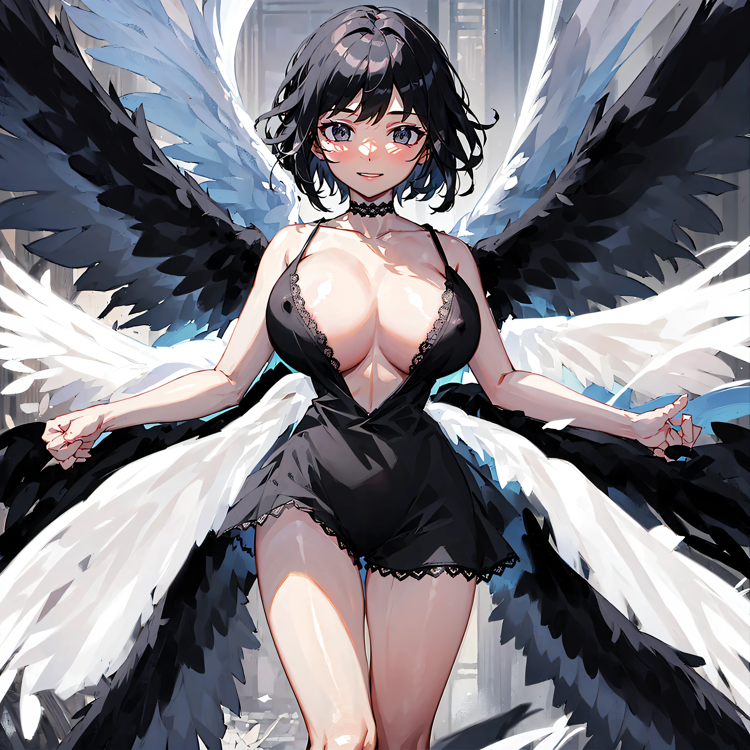 (1 seraphim girl standing on peak of frozen snowy mountain) higher than overcast, blowing frozen wind, (solo), swinging back, multiple wings, (she has 12 wings on her back), (6 white wings:1.5) and (6 black wings:1.5), BREAK, (wearing nothing without a lace trimmed sheer short black chemise:1.8), (black plunging neckline:1.2), shoulder straps, too short black skirt flapping by wind, stiletto heels, BREAK, (black short hair:1.3), sidelocks, black eyes, collarbone, (bouncing large perky breasts:1.2), (cleavage), inconceivably narrow waist, (bared skinny arms), (bared skinny long legs), thigh gap, tiptoe, BREAK, , nose blush, smile for viewer, open mouth, orgasm, BREAK, full body, (extremely detailed CG unity 8k wallpaper), (beautiful detailed), (ultra high resolution), (masterpiece:1.2), (best quality), (beautiful illustration), (nsfw:1.1)