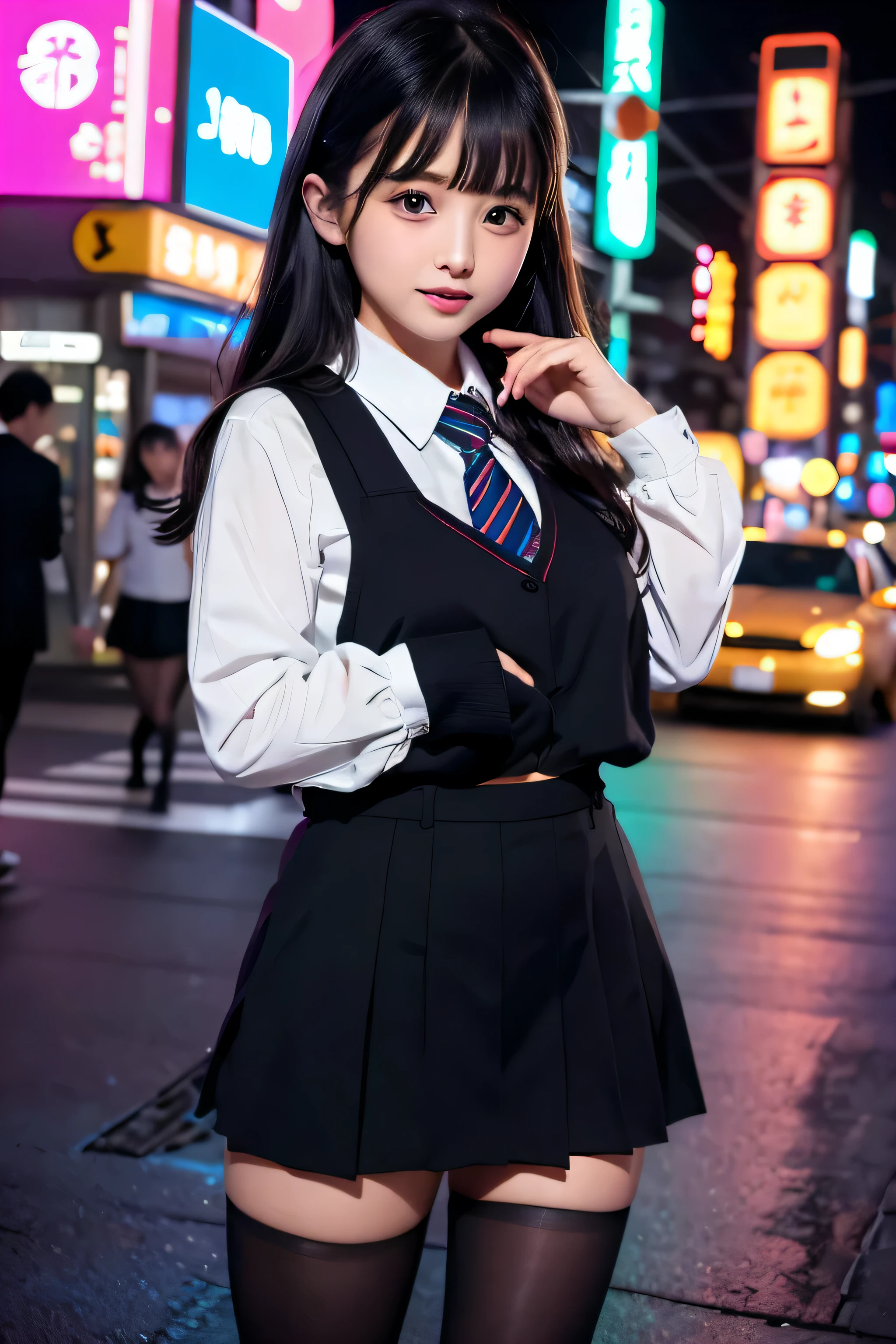 high angle shot、center view、A woman standing in a neon street at midnight、amazingly cute 、japanese girl uniform、Summer clothes black mini skirt、Yulurea 、loafers、She wears black tights that show a little bit of skin.、black tights、Japanese high school 、Nogizaka Idol、plump thighs、Full body Esbian