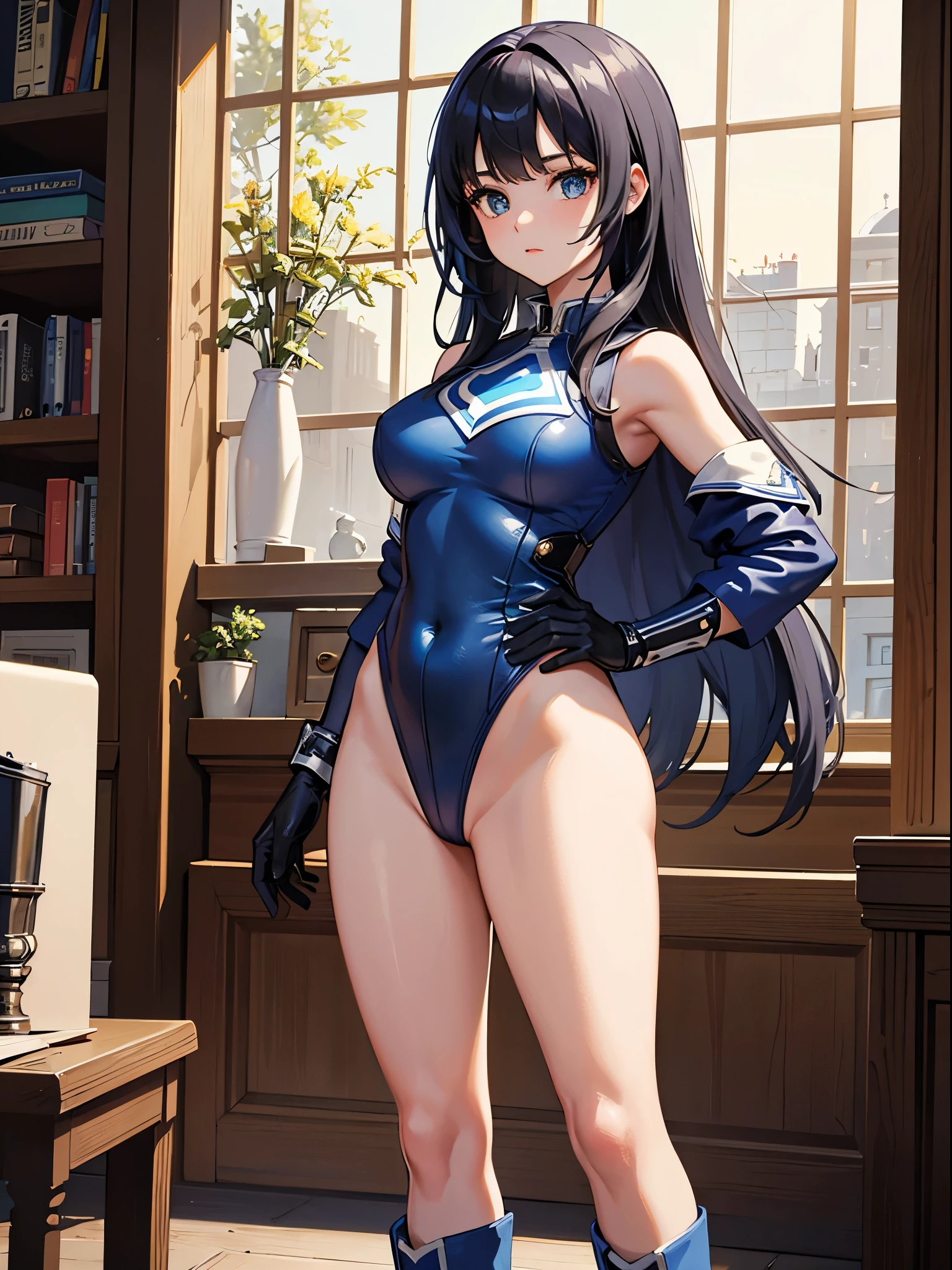 masterpiece, best quality, hyper detailed, ultra detailed, 1girl, solo, solo focus, library room, high school girl, superhero, blue and white leotard, black hair, bare legs, boots, matching gloves, heroic, hand on hip, standing, solo, single