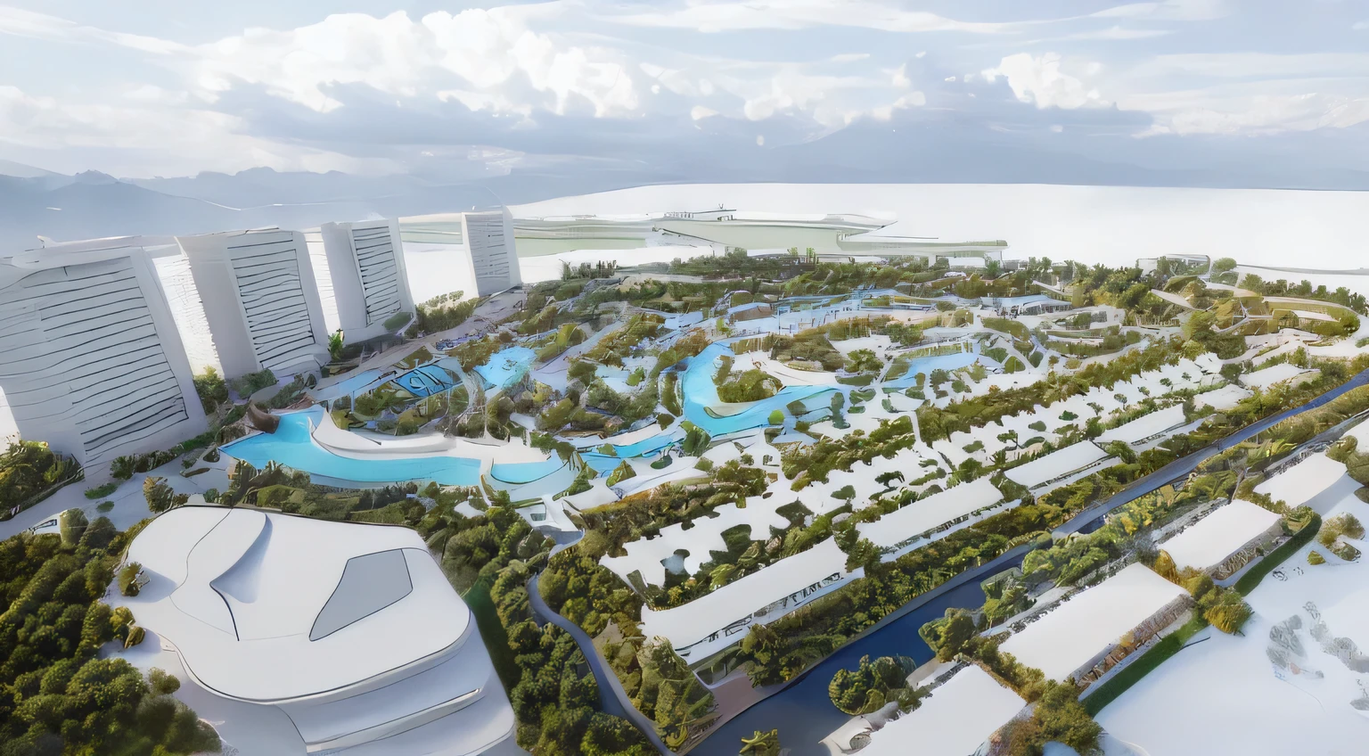 rendering of a resort complex with a swimming pool and a beach, sun coast, mixed development, tropical coastal city, port city, lagoon, conceptual, bird's eye view, digital rendering, resort, riverside, dubai, rendering, true realistic image, residential area, artist impression, above view, ariel view, artist's impression, super high resolution, big!!!!!!!!!!!!