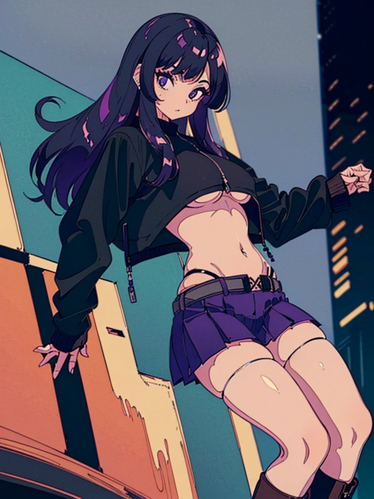 1990s, (masterpiece), high-definition, detailed face, cute girl, abs, (big tits: 1.4) big hips, round ass, (black hair with dark purple highlights: 1.4), (tight grey t-shirt: 1.4), (black jacket: 1.4), (purple tight skirt: 1.3), belt, (black thong: 1.2), thigh high stockings, boots, fishnet, pin-up pose, balcony