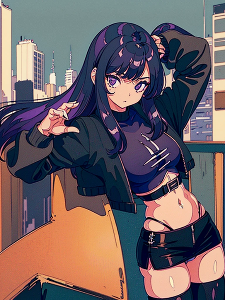 1990s, (masterpiece), high-definition, detailed face, cute girl, abs, (big tits: 1.4) big hips, round ass, (black hair with dark purple highlights: 1.4), (tight grey t-shirt: 1.4), (black jacket: 1.4), (purple tight skirt: 1.3), belt, (black thong: 1.2), thigh high stockings, boots, fishnet, pin-up pose, balcony