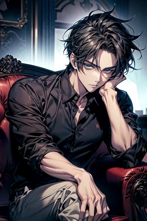 Anime handsome man wearing a black shirt and sitting on a white sofa,adult,dynamic pose,Handsome anime style,e blue eyes,High Quality Anime Portraits,((detailed eyes,beautiful face)),bewitching smile,hide your hands