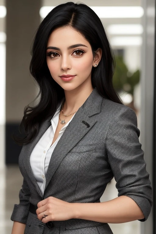 Uma mulher, her appearance is black hair,olhos pretos, young adult appearance,her style is that of a businesswoman, and the background is in a company
