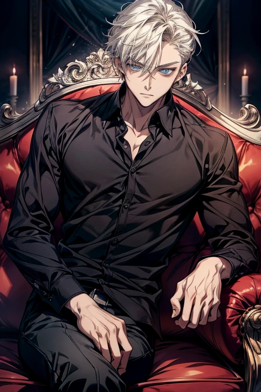 Anime handsome boy wearing black shirt and sitting on white sofa,dynamic pose，Handsome anime style，e blue eyes，High Quality Anime Portraits