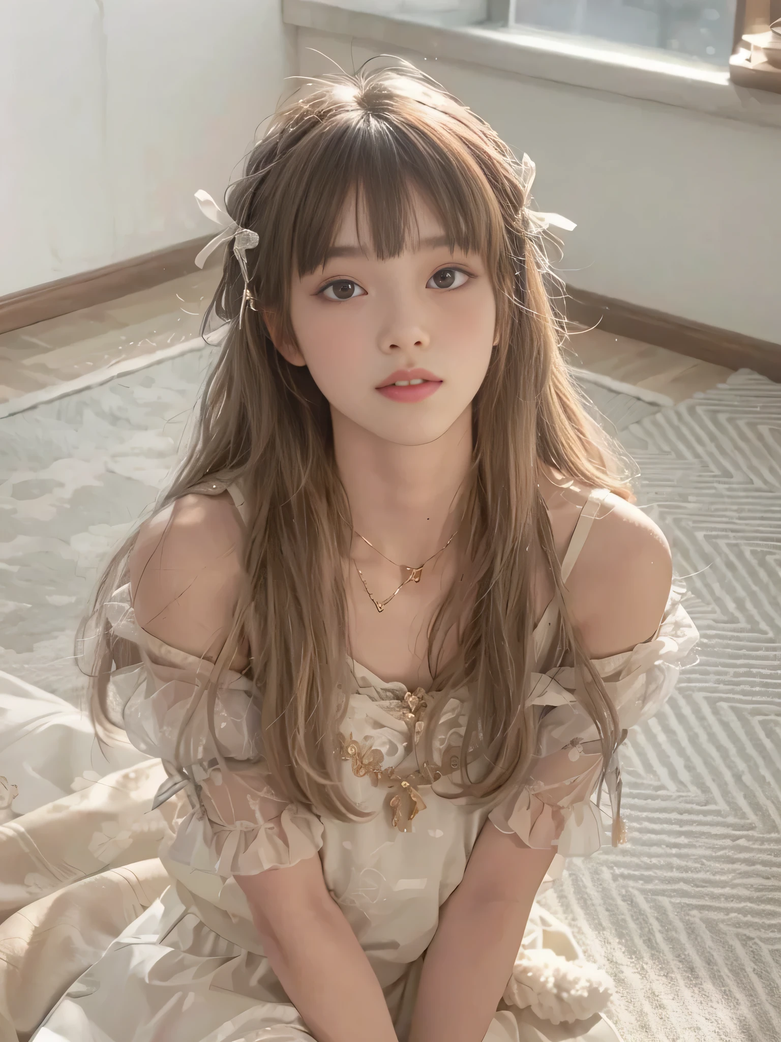 Long-haired girl sitting on the bed,Holding a teddy bear, Urzan, Baiji haircut hairstyle, Long hair with bangs, long hair Have bangs, brown long hair Have bangs, neat hair Have bangs, long flowing hair, Ji Qie, Long white hair and bangs, Have bangs, brown hair Have bangs, with long white hair