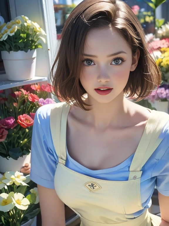 (best quality, 8k, highres, photorealistic:2.0), (solo, one girl:2.0),(photo taken using flash:1.9),(brighten the subject:1.8),(ultimate beautiful girl:2.0),(shiny skin),(oily skin),(blonde girl:1.5),(short hairstyle:1.5),(cool beauty:2.0),Blush brown makeup , dark eye makeup , use pink glossy lipstick,(big beady eyes girl:1.5),(droopy-eyes girl:1.5),(blue eyes),(thin girl:1.5),(baby face girl),(sex appeal),(sweet smelling girl),(Photographed in front of a flower shop:1.8),(A girl who works part-time at a flower shop:1.3),(A girl who likes to grow flowers),(she works for low wages:1.5),(kind-hearted woman:1.5),(she has a nice smile:1.3),(woman with a happy look:1.3),(she is very sociable),(from a very poor family:1.5),(virgin girl),(She is a secret pervert.),(she covertly lewd),(she looks so erotic),(Preserve virginity for devout Christians),chuuChloe,(Wearing a florist's apron:1.5),(Breast cleavage emphasis),(A woman with very soft breasts),(woman fantasizing about sex),(allurement),(bewitching pose),(I love masturbating)