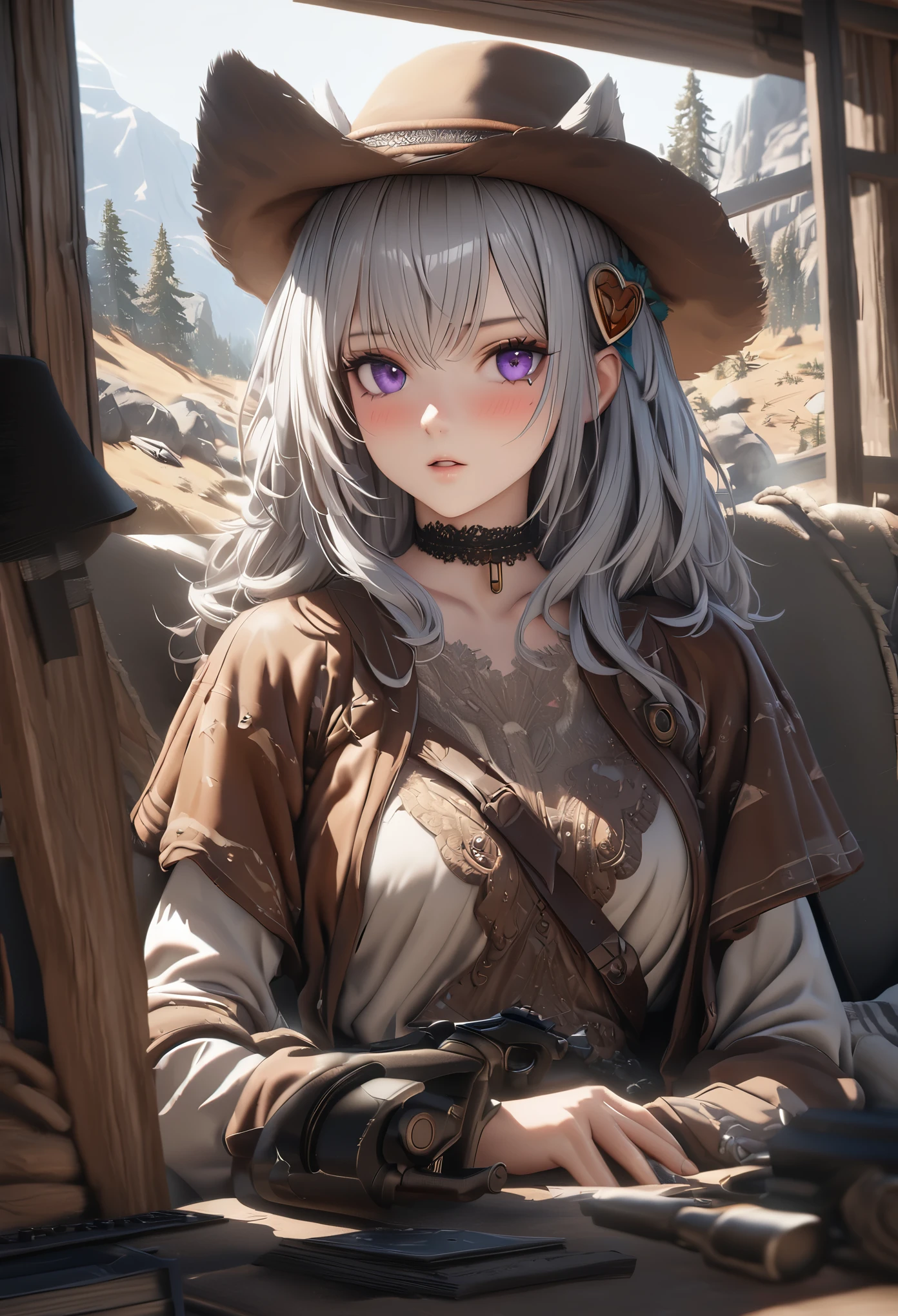 masterpiece,highest quality, Super detailed, High resolution, expensive resolution, HDR, 4k, 8K, unity 8k wallpaper, Super detailed CG, masterpiece, realistic, 2D, 3D, beautiful details, depth, fine texture , super fine: 1.3, Fully focused, Crispy.skin, .he,
Very cute anime girl 、Desolate wilderness、cowboy styleの衣装、cowboy hat、cowboy boots、hand gun、mexican wilderness、duel、hand gunを持って立っている、long silver hair wearing expensive , one girl、alone, long silver hair, animal ears, Cat ear, cowboy style、cowboy hat、hand gun、duel、cowboy boots、computer、disk、mole under the eye, looking at the viewer , expensive , blush, mole, Cat ear, parted lips, hair ornaments, heart, purple eyes, choker
