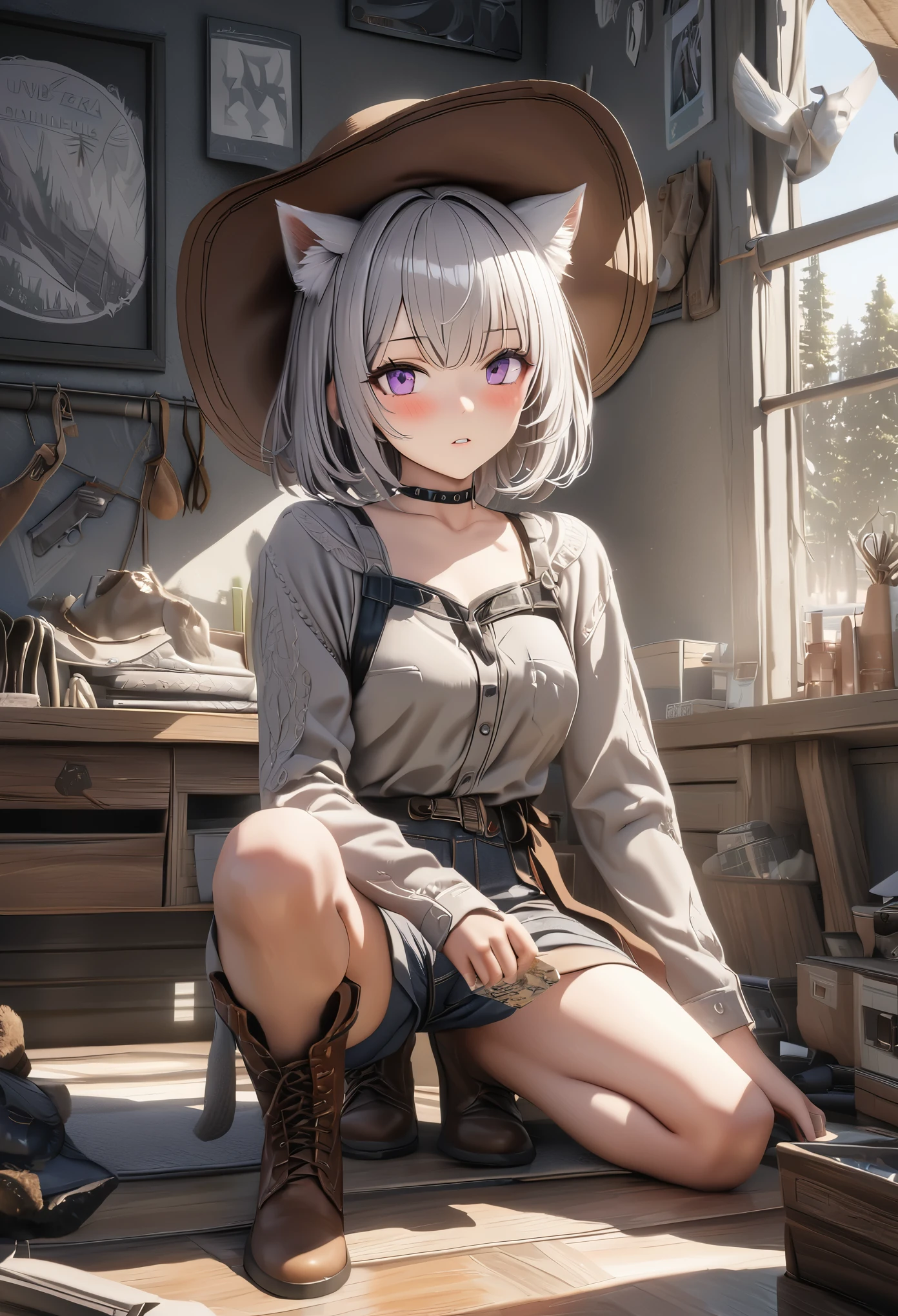 masterpiece,highest quality, Super detailed, High resolution, expensive resolution, HDR, 4k, 8K, unity 8k wallpaper, Super detailed CG, masterpiece, realistic, 2D, 3D, beautiful details, depth, fine texture , super fine: 1.3, Fully focused, Crispy.skin, .he,
Very cute anime girl 、Desolate wilderness、cowboy styleの衣装、cowboy hat、cowboy boots、hand gun、mexican wilderness、duel、hand gunを持って立っている、long silver hair wearing expensive , one girl、alone, long silver hair, animal ears, Cat ear, cowboy style、cowboy hat、hand gun、duel、cowboy boots、computer、disk、mole under the eye, looking at the viewer , expensive , blush, mole, Cat ear, parted lips, hair ornaments, heart, purple eyes, choker