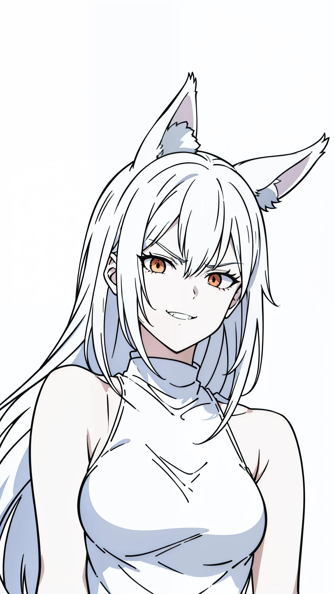 (1girl,mature female,tall),solo,white hair,fox ears,(white background,line drawing),upper body,white tank top,turtleneck,long hair,angry,smile,sharp teeth,upper body,white mask on hand,covering face,looking up,from below