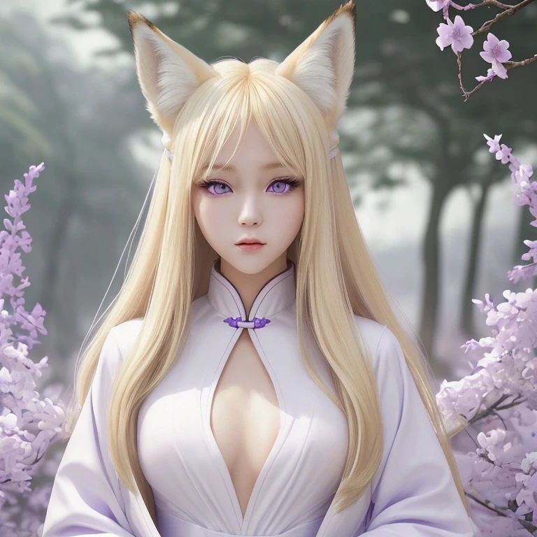 blonde、long hair、fox ears、purple eyes、Beauty、(White open-chested Chinese dress)、fantastic background、looking at the camera、white coat、