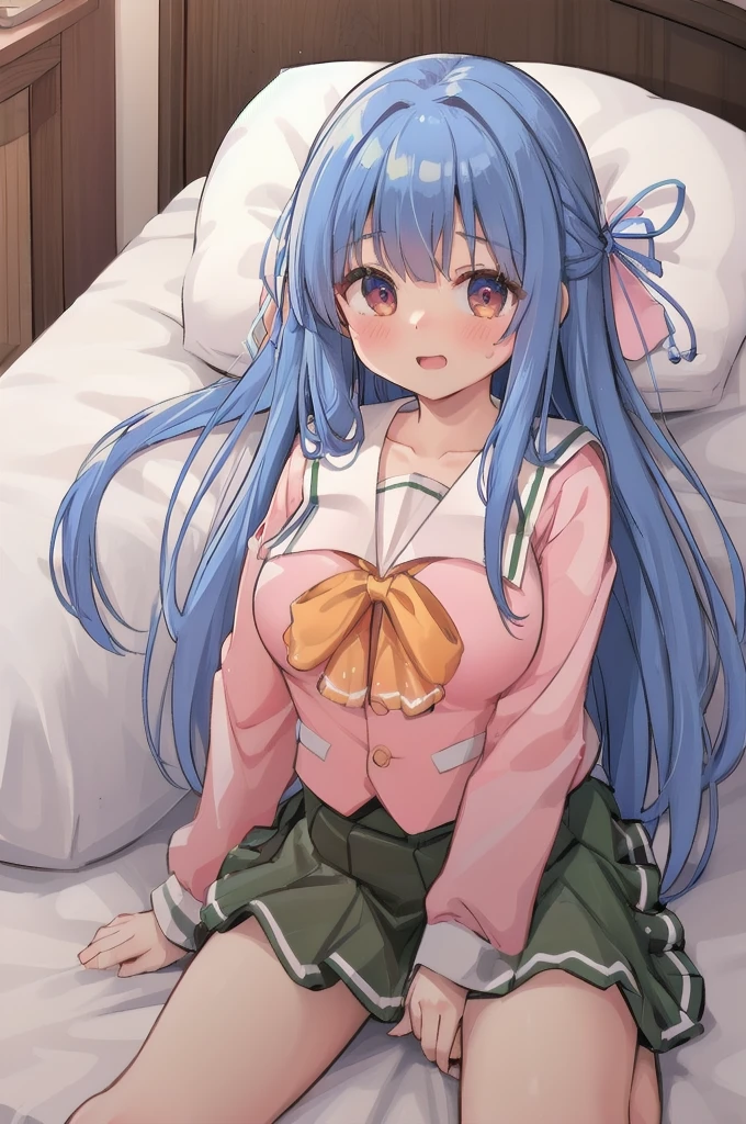 (((full body))), (((pnkserafuku))), (highest quality:1.2), alone, 1 girl, kotonoha aoi, hair ribbon, blue hair, red eyes, very long hair, dull bangs, (((spread legs onbed))),(((vaginal,sex))),(((cum in pussy))),(((from above))), (((lying on bed))),(((white bed sheet))),(((lie on the pillow))), ((blue hair)), smile, looking at the viewer, (((perfect anatomy))),(masterpiece:1.0),(Highest_quality:1.0),detailed,highly detailed,ultra detailed,extremely detailed CG,super high resolution,4k,super detailed, photograph,high resolution,8K,HDR,Highly detailed CG Unity 8k wallpaper,super detailed skin,detailed beautiful eyes,detailed beautiful face,detailed beautiful face and eyes,very detailed background,perfect,lighting,colorful, bright_front_face_lighting,shiny skin,(highly detailed background),looking at the viewer,(Focus on her face), solo, upper body, looking at viewer, upper angle, perfect quality, good quality, masterpiece, HDR, UHD missionary position,masterpiece,best quality,detailed,highly detailed,ultra detailed,extremely detailed CG,high resolution,8K,super detailed skin, ((detailed beautiful eyes)),detailed beautiful face,detailed beautiful face and eyes,very detailed background,highly detailed background,(front view),(((super big breasts))),looking at viewer,The girl&#39;s breasts aren&#39;t exposed at all., You can clearly see that she has very large breasts.,((kawaii)),((orgasm face)),