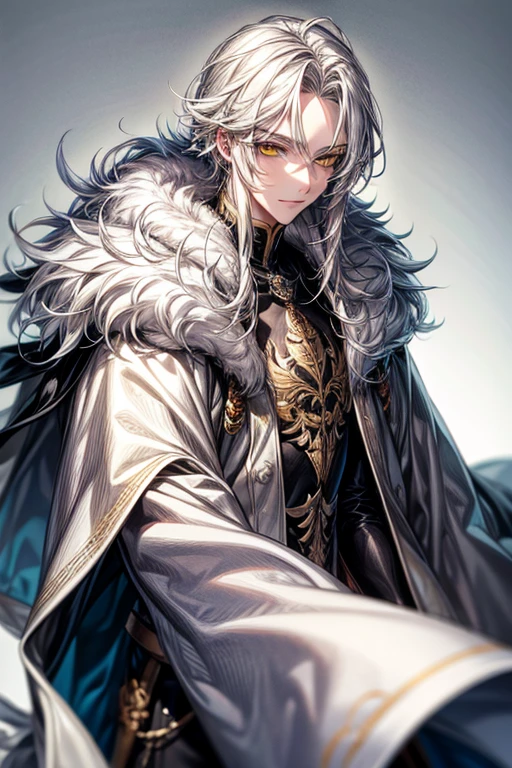 male, long silver tousled hair, White fur cape, yellow eyes, adult face, adult,