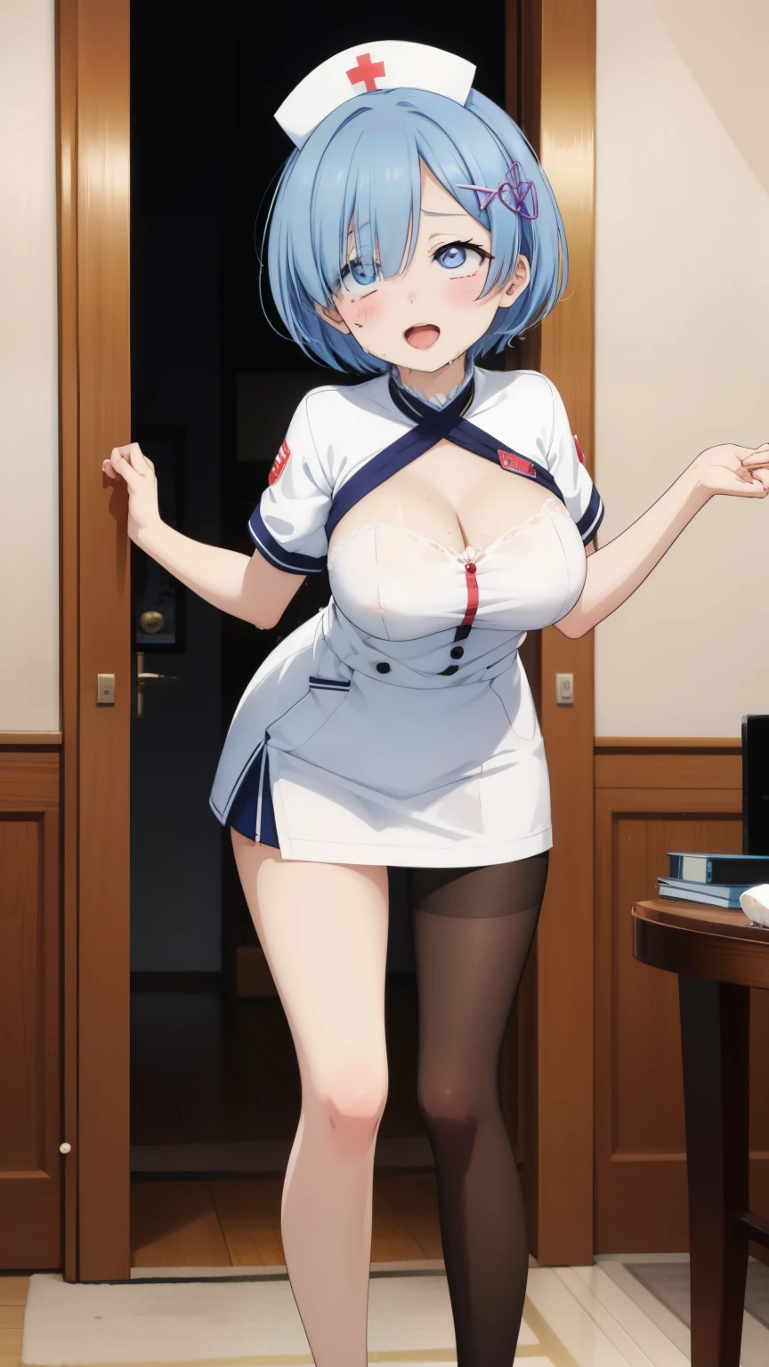 Rem from Re:Zero、light blue hair、short hair、table top、High resolution、many girls multiple girls、large crowd、lots of cute girls、big and full breasts、naughty body、See-through、throw、、whole body、Are standing、Look up at me、confused face、blush、embarrassing、Excited、white breath、black pantyhose、female shape'Private parts are clearly visible、You can see the miniskirt of Nippurikuro、very short skirt、hospital、hospital room、Many people々々々々々、in the crowd、bare chest、show your chest、Upper grade、A lot of milk comes out from the nipples、Breast milk gushes from the nipple、white nurse uniform、cat ears nurse uniform、white one-piece nurse uniform、bangs that cover one eye、pink hairpin、、white sandals、Ahegao、Cumming face、climax、Feels good、I feel it、masturbation、open your mouth and stick out your tongue、leaning forward、Become an inner thigh、wet floor、Wet inner thigh、man close behind、lean against the wall、drool、Inner thighs are wet、Love juice is dripping from the crotch、Lower back falling out、dorsal position、sex、Insert male genitalia from behind、man standing behind