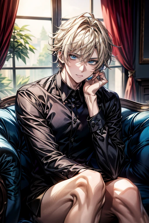 Anime handsome boy wearing black shirt and sitting on white sofa,dynamic pose,Handsome anime style,e blue eyes,High Quality Anime Portraits