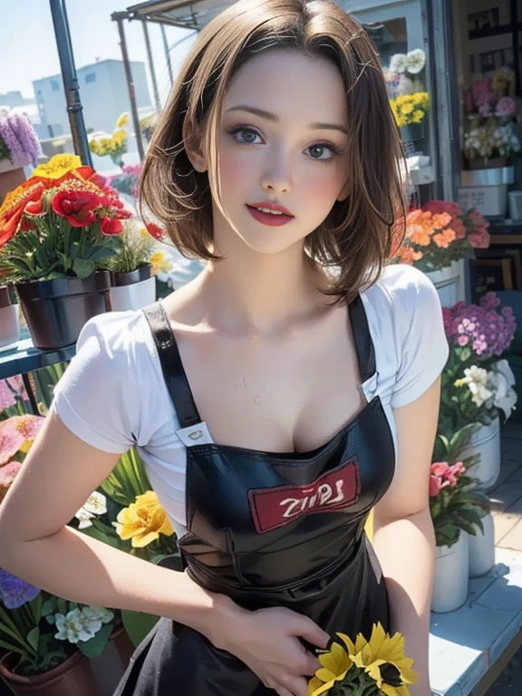 (best quality, 8k, highres, photorealistic:2.0), (solo, one girl:2.0),(photo taken using flash:1.9),(brighten the subject:1.8),(ultimate beautiful girl:2.0),(shiny skin),(oily skin),(blonde girl:1.5),(short hairstyle:1.5),(cool beauty:2.0),Blush brown makeup , dark eye makeup , use pink glossy lipstick,(big beady eyes girl:1.5),(droopy-eyes girl:1.5),(blue eyes),(thin girl:1.5),(baby face girl),(??? appeal),(sweet smelling girl),(Photographed in front of a flower shop:1.8),(A girl who works part-time at a flower shop:1.3),(A girl who likes to grow flowers),(she works for low wages:1.5),(kind-hearted woman:1.5),(she has a nice smile:1.3),(woman with a happy look:1.3),(she is very sociable),(from a very poor family:1.5),(virgin girl),(She is a secret pervert.),(she covertly ????),(she looks so erotic),(Preserve virginity for devout Christians),chuuChloe,(Wearing a florist's apron:1.5),(Breast cleavage emphasis),(A woman with very soft breasts),(woman fantasizing about ???),(allurement),(bewitching pose),(I love ????????????)