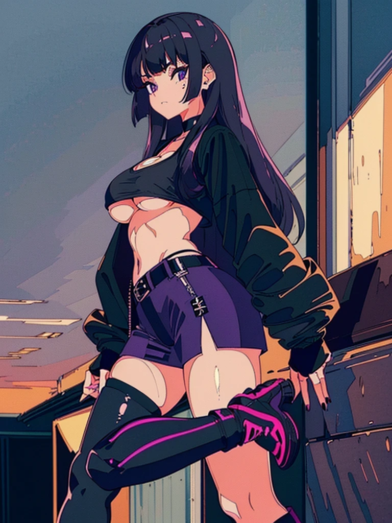 1990s, (masterpiece), high-definition, detailed face, cute girl, abs, (big tits: 1.4) big hips, round ass, (black hair with dark purple highlights: 1.4), (tight grey t-shirt: 1.4), (black jacket: 1.4), (purple tight skirt: 1.3), belt, (black thong: 1.2), thigh high stockings, boots, fishnet, pin-up pose, balcony