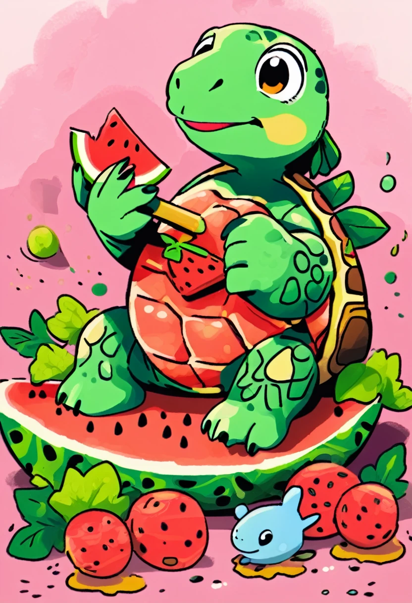 The turtle is lying on a watermelon