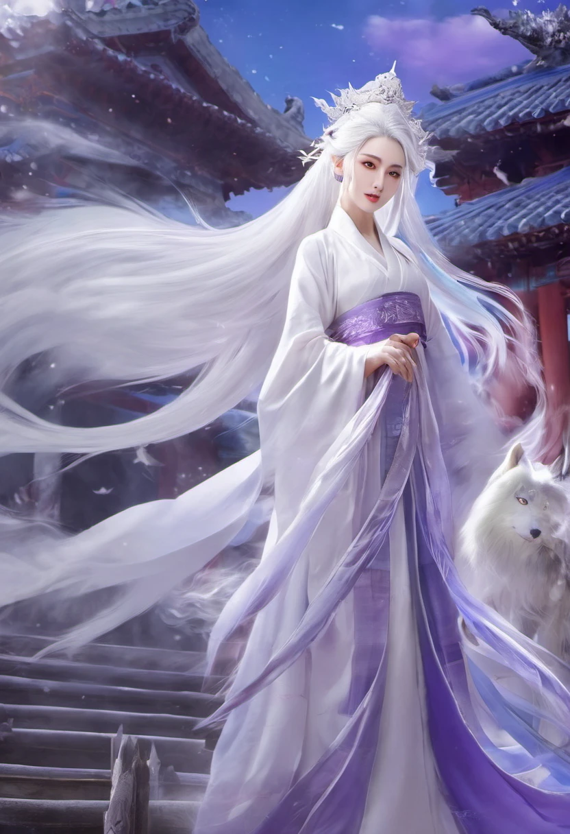 make me a realistic image of this description do not anime  "A White haired girl, White hair, purple eyes, beautyfull, long White hair, White tail, seductive look, long White tail, standing in a magic temple, manantial Palace, Stars in the Sky, day, good light,"