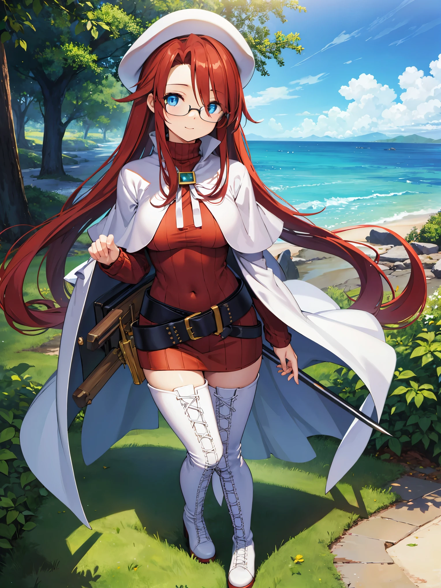 summonnightaty, aty, long hair, blue eyes, red hair, beret, hat, glasses,
BREAK long hair, thighhighs, hat, dress, boots, glasses, belt, cape, sweater, zettai ryouiki, beret, thigh boots, white footwear, ribbed sweater, loose belt,solo,
BREAK outdoors, fantasy,on_a_ship,
BREAK (masterpiece:1.2), best quality, high resolution, unity 8k wallpaper, (illustration:0.8), (beautiful detailed eyes:1.6), extremely detailed face, perfect lighting, extremely detailed CG, (perfect hands, perfect anatomy),covered_nipples,covered_navel,light_smile ,(half_eyes:1.4),sword,armpit,sleepy,dynamic_standing,barrel,red_sweater,apart_legs,magical_effect,