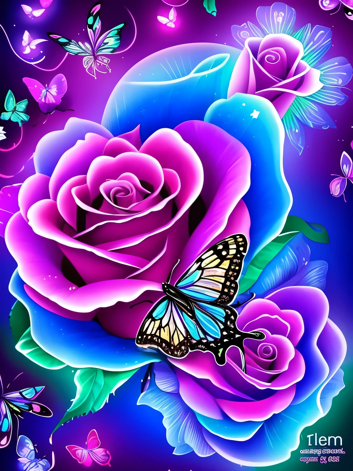 a purple rose with a butterfly on it surrounded by flowers, an airbrush painting by Lisa Frank, flickr, psychedelic art, glowing neon flowers, glowing delicate flower, beautiful!!! digital art, glowing flowers, magical flowers, glowing blue, neon flowers, neon light and fantasy, blue rose, luminous flowers, beautiful gorgeous digital art, beautiful flowers and crystals